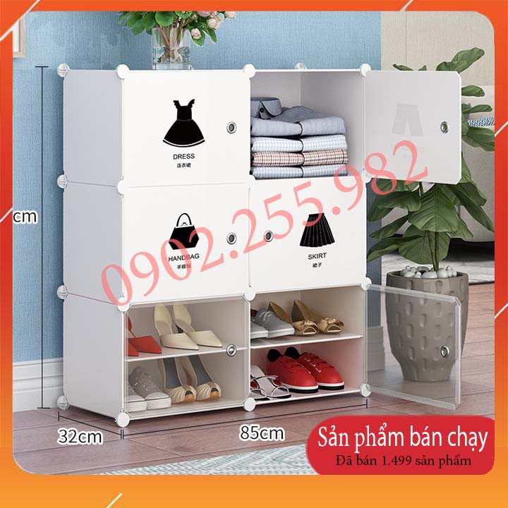 TỦ ĐỂ QUẦN ÁO BÊN TRÊN KẾT HỢP TỦ GIẦY BÊN DƯỚI CỬA HỌA TIẾT KẾT HỢP CỬA TRẮNG TRONG MẪU 6 Ô LỚN