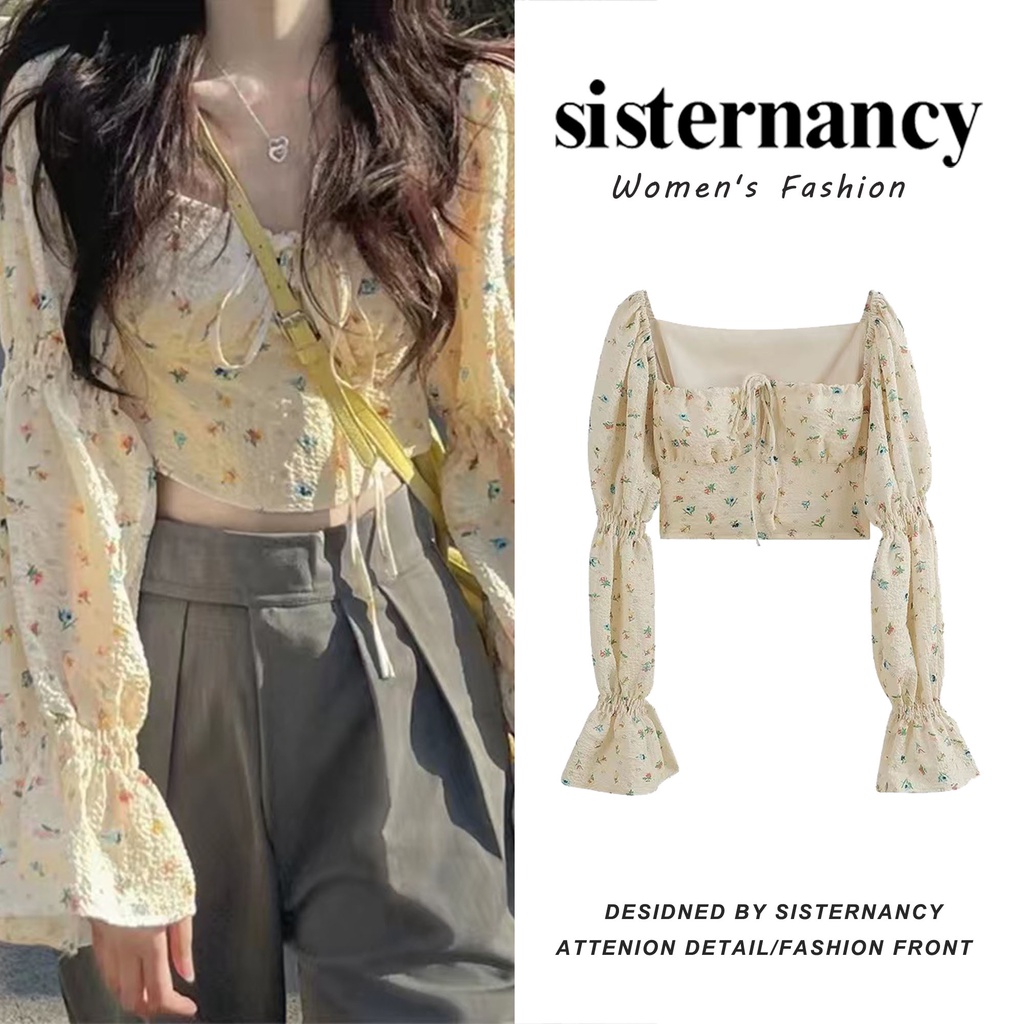 Áo hoa COZOKC cổ vuông dáng ôm phong cách cổ điển cho nữ