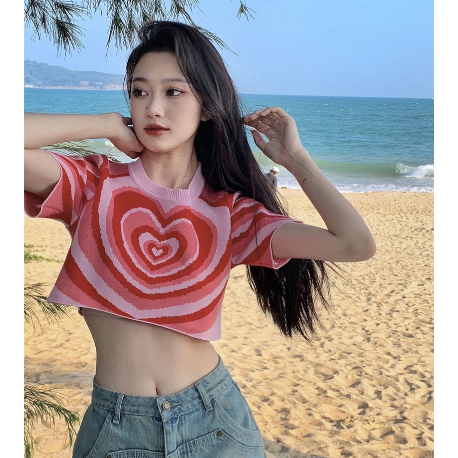 Áo Thun Dệt Kim Ngắn Tay Họa Tiết Trái Tim Phong Cách Âu Mỹ Cho Nữ