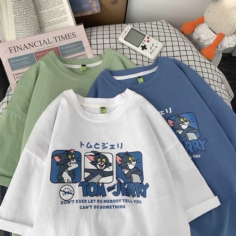 Áo thun tay lỡ nam nữ, áo phông unisex form rộng chất cotton mát mịn thấm hút mồ hôi in hình mèo tom