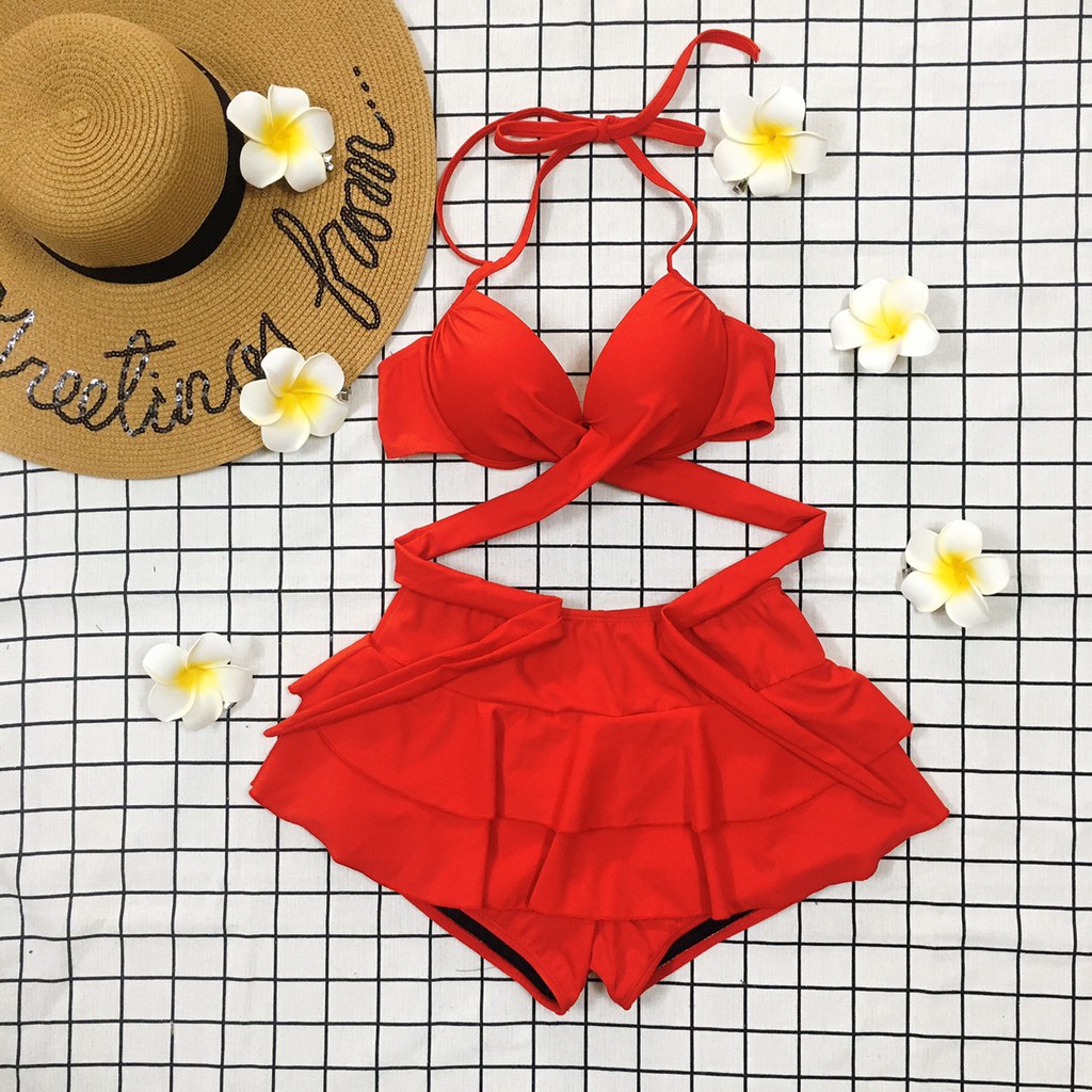 Bikini, 2 mảnh áo gọng chéo eo nâng ngực mix váy