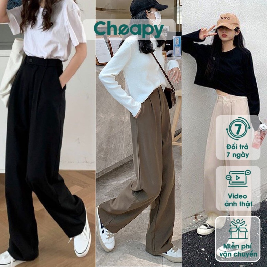 Quần culottes ống rộng suông dài chất dày cao cấp lưng cao cài cúc đen be nâu freesize hack chân