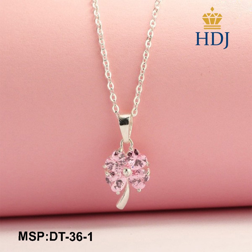 Vòng cổ bạc nữ mặt cỏ 4 lá đính đá hồng sang trọng trang sức HDJ mã DT-36-1