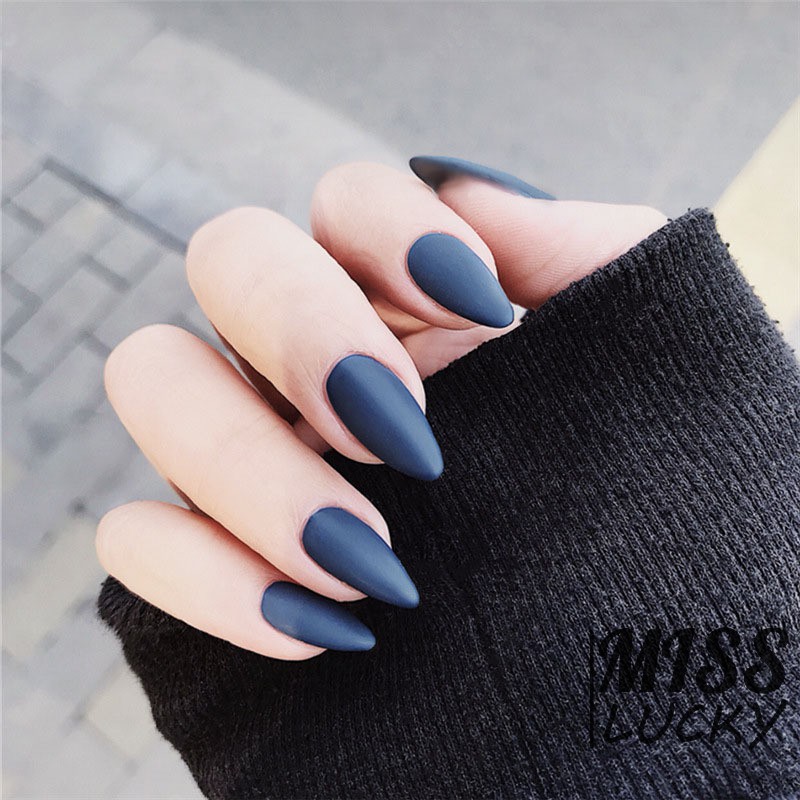 ❤HHN-VN New High Quality Solid Color Full Cover Finger Fake Nail Fashion Matte Dark Blue Stiletto Lo