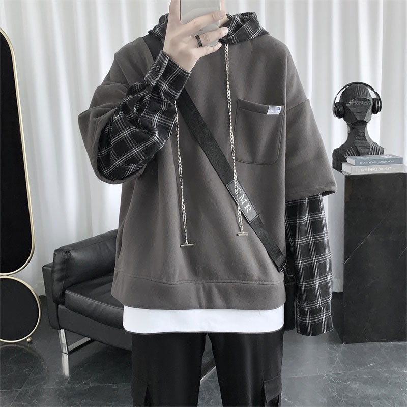 Áo hoodie len tay dài dáng rộng giả hai lớp phong cách hàn quốc thời trang xuân thu cho nam