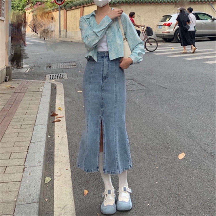 Summer Korean version of the new ins high waist split fishtail denim skirt women