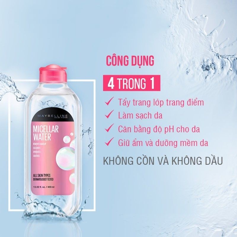 [Chính hãng] Nước tẩy trang dưỡng da không cồn 4 trong 1 Maybelline New York Micellar Water 4-in-1 400ml