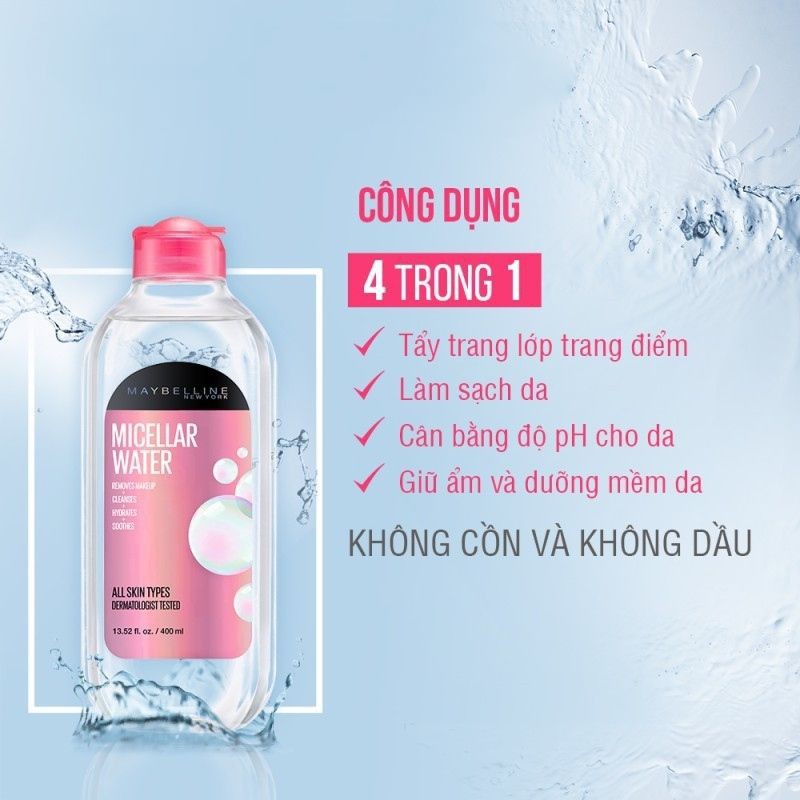 [Chính hãng] Nước tẩy trang dưỡng da không cồn 4 trong 1 Maybelline New York Micellar Water 4-in-1 400ml