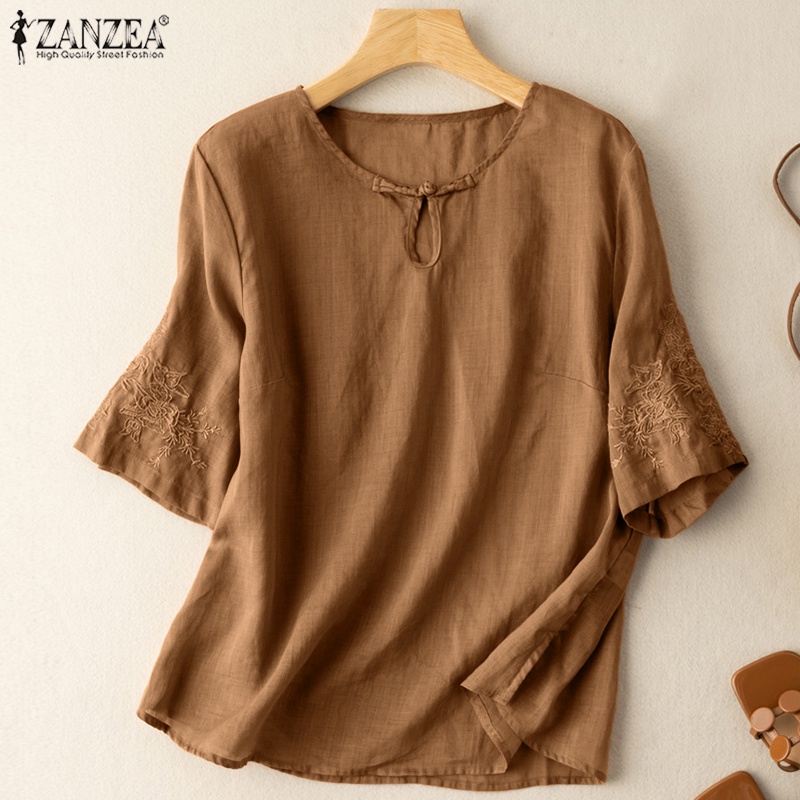 Áo thun cotton tay lửng cổ tròn ZANZEA đơn giản dành cho nữ