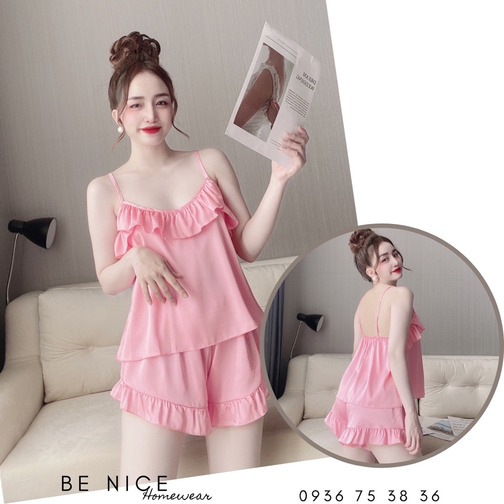 Set mặc nhà đùi trơn 2 dây phối bèo xinh xắn cho nàng nhà Be Nice Homewear