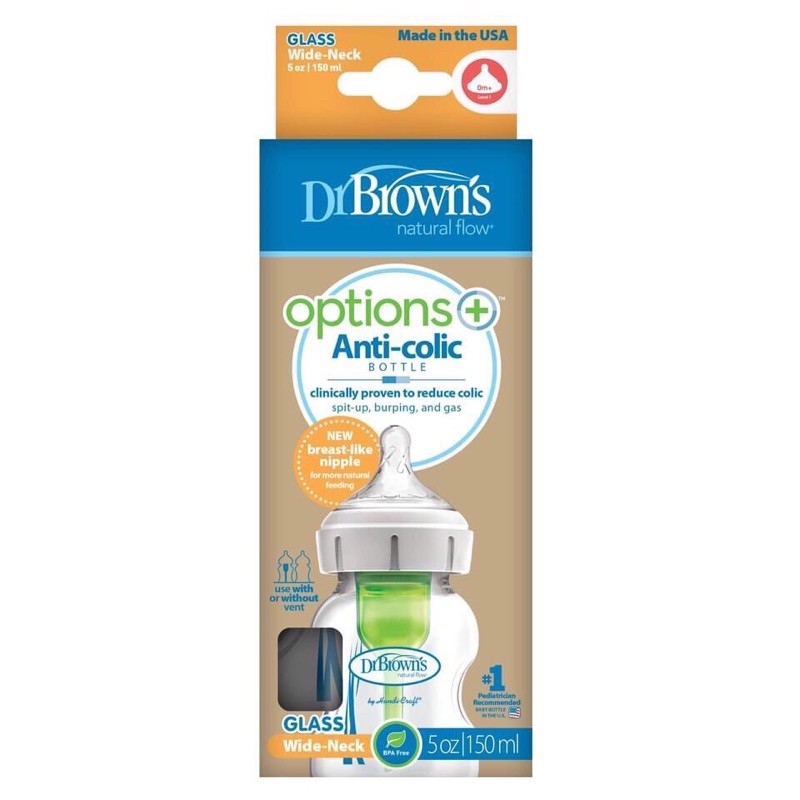 Bình sữa Dr.Brown’ cổ rộng Thủy Tinh Options Plus có dung tích 150ml và 270ml.