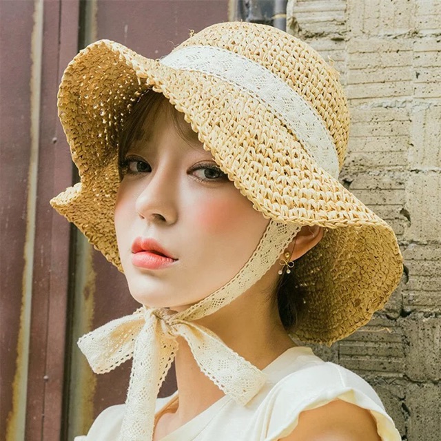 Mũ cói đi biển mẫu dây buộc