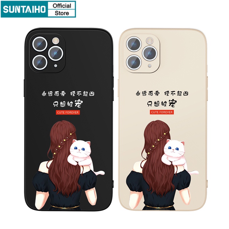 Ốp lưng iphone Ốp điện thoại Suntaiho silicon mềm họa tiết cô gái và mèo cho iPhone 13 12 11 Pro Max X XR Xs Max 7 8 Plus 12mini13mini