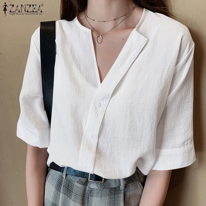 Áo kiểu Zanzea tay 3/4 cổ chữ v màu trơn thời trang dành cho nữ