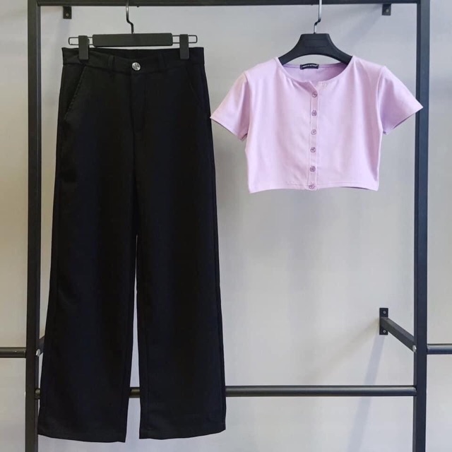 Set Áo Croptop Nút- Quần Tây Trơn Ống Suông Ảnh Thật