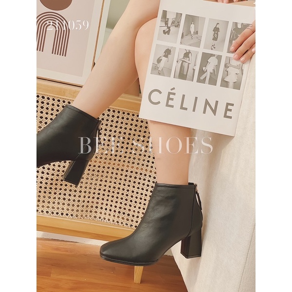 BEESHOES - BOOT NỮ DA MỀM MŨI VUÔNG - BOOT NỮ ĐẾ TRỤ CAO 7CM CÓ SẴN MÀU ĐEN - KEM 211059