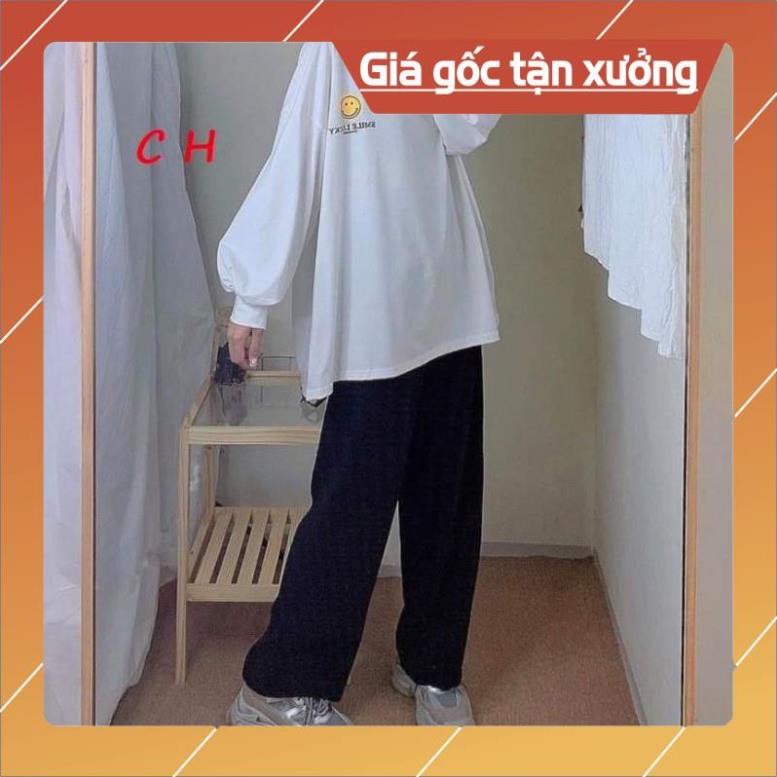 Bộ nữ áo thun thu đông  dài tay mặt Cười Smile + quần ống rộng suông form thụng giá rẻ