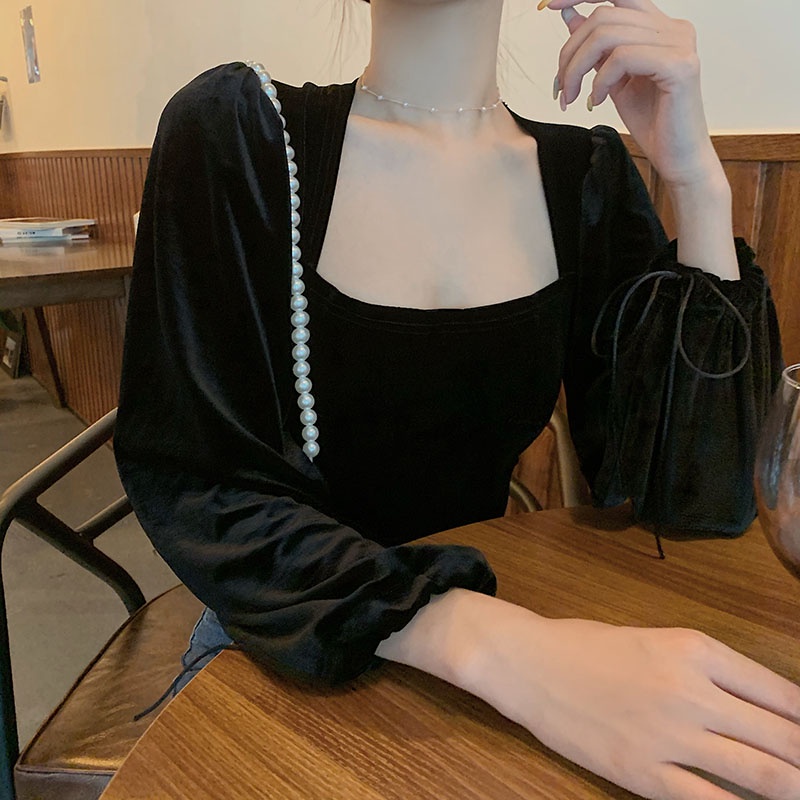 QKOOLE  Áo Kiểu Tay Dài Cổ Vuông Phong Cách Retro Hàn Quốc Thời Trang Cho Nữ