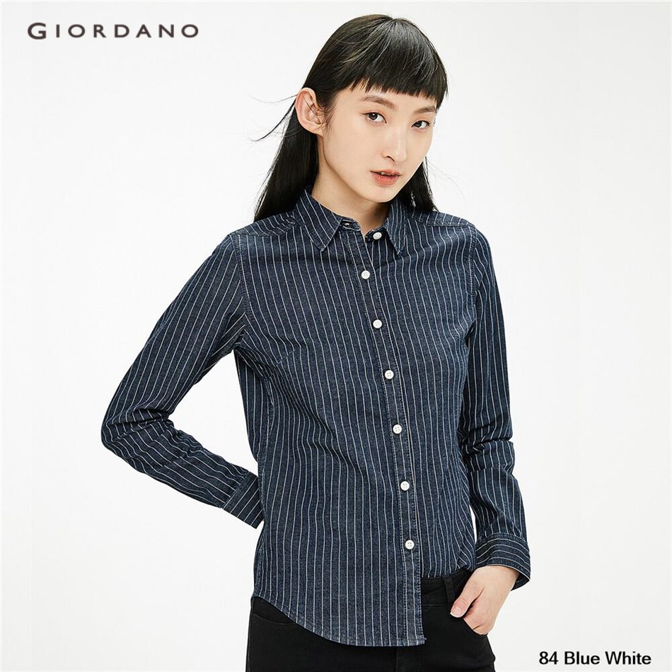 Áo Sơ Mi GIORDANO 05341102 Denim Dài Tay Dáng Ôm Co Giãn Cho Nữ