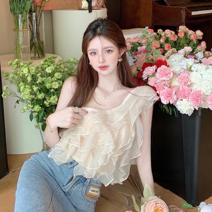 Áo kiểu SUXI vải voan không tay hở vai màu trơn thời trang mùa hè dành cho nữ