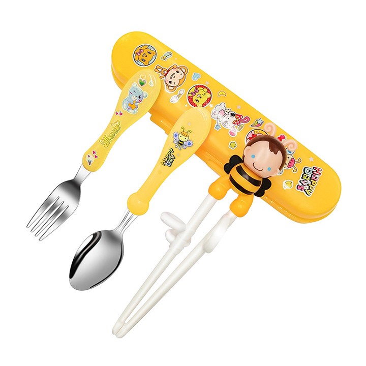 Set thìa dĩa đũa tập ăn inox 304 hình mèo dễ thương cho bé, sét thìa đũa ăn dặm cho bé