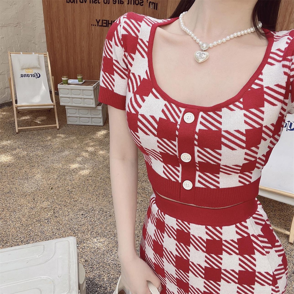 Set đồ ZHELIHANGFEI gồm áo thun tay ngắn và chân váy sọc caro thời trang xinh xắn cho nữ