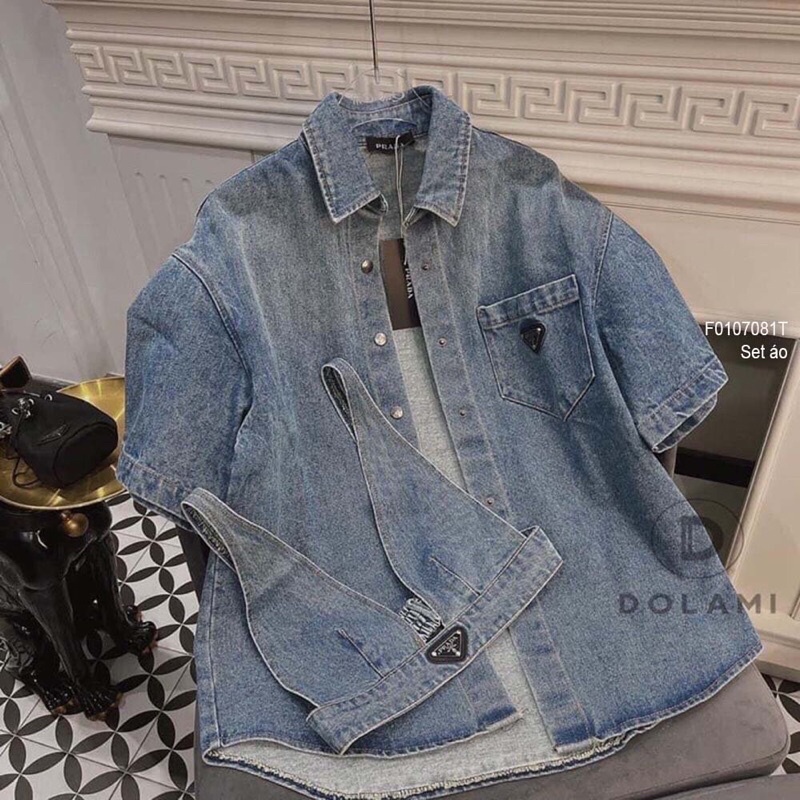 Set cặp áo jean xanh áo sơ mi áo bra