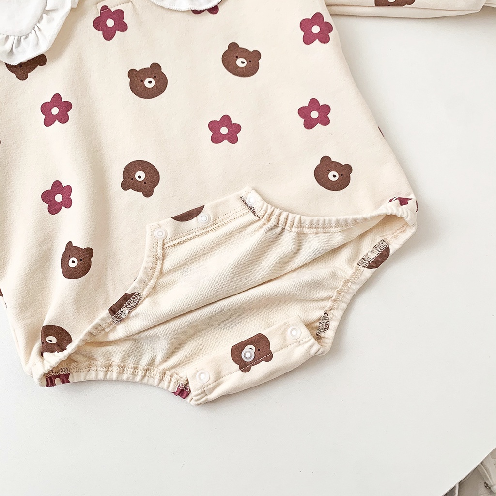 Bộ Áo Liền Quần Tay Dài In Hình Hoa Và Gấu Dễ Thương Cho Bé Gái