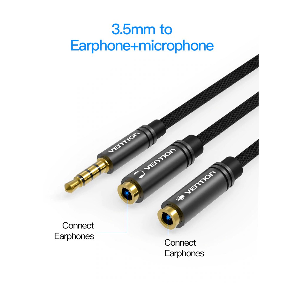 Dây cáp aux Vention chia một đầu cắm thành hai cổng 3.5mm cho tai nghe/micro