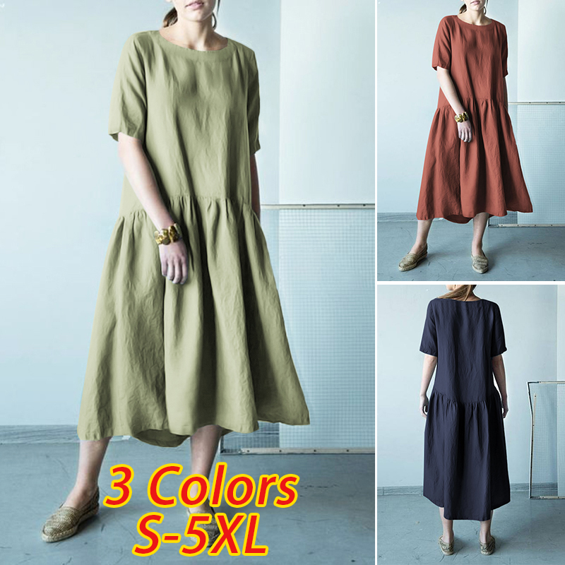 ZANZEA Women's Casual Loose Solid Round Neck Sleeves Split A-Line Dress