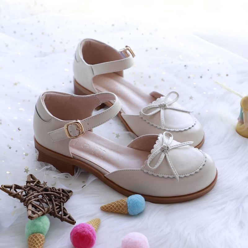 Giày LOLITA Đế Thấp 3 Phân Sandal Nữ Đính Nơ Bít Mũi Phong Cách Nhật Bản