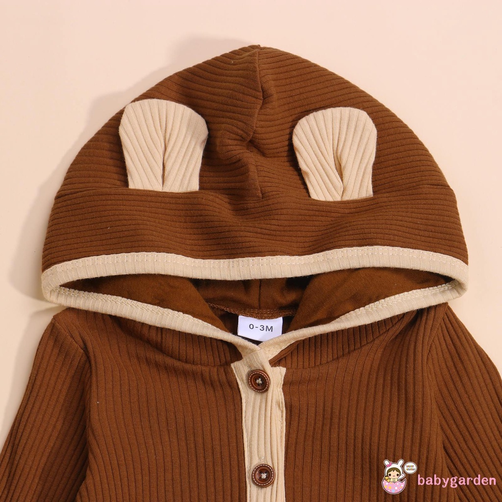 Áo liền quần tay dài có mũ màu tương phản phối nút cài thời trang dễ thương cho bé