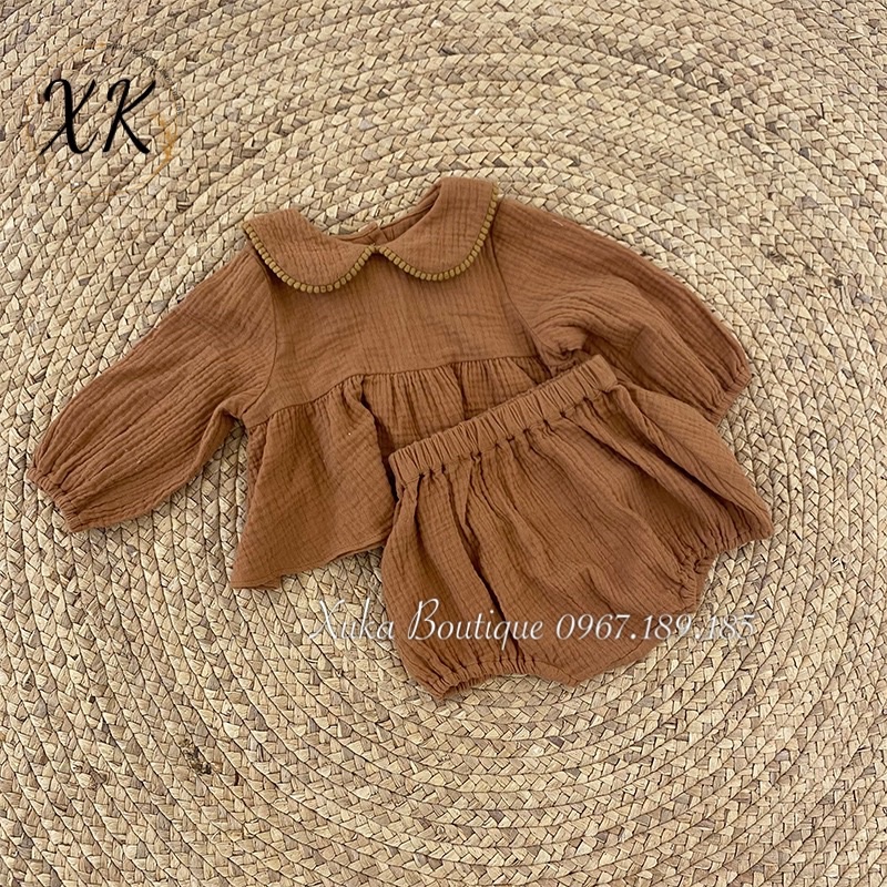 Bộ Quần Áo Dài Tay Bé Gái 0-3 Tuổi Galakoko | Set bộ đũi màu nâu cổ tròn chất Cực Đẹp [Xuka Boutique] Hình Thật