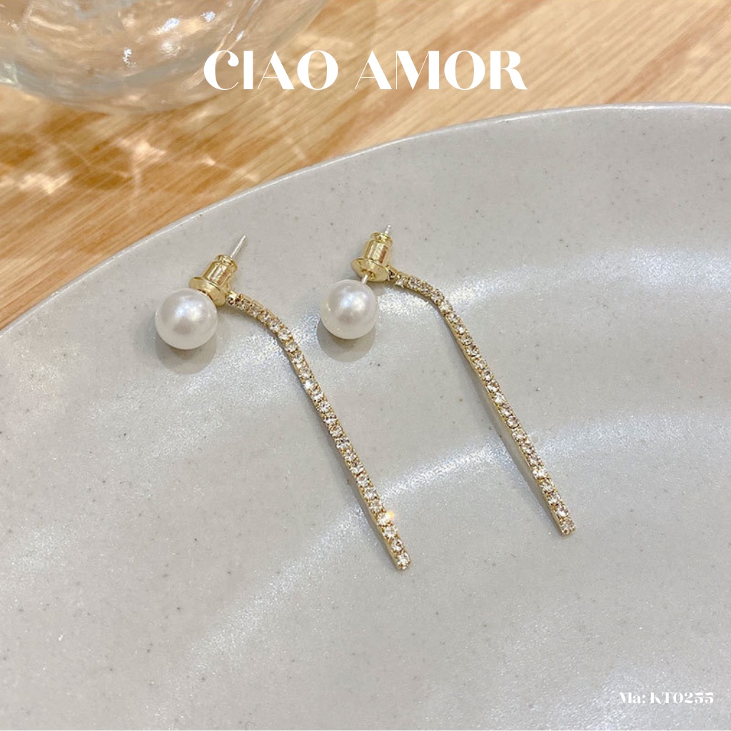 KT0255-Khuyên tai nữ, Bông tai dài bạc 925 dây đính đá hạt ngọc Trang sức Ciao Amor