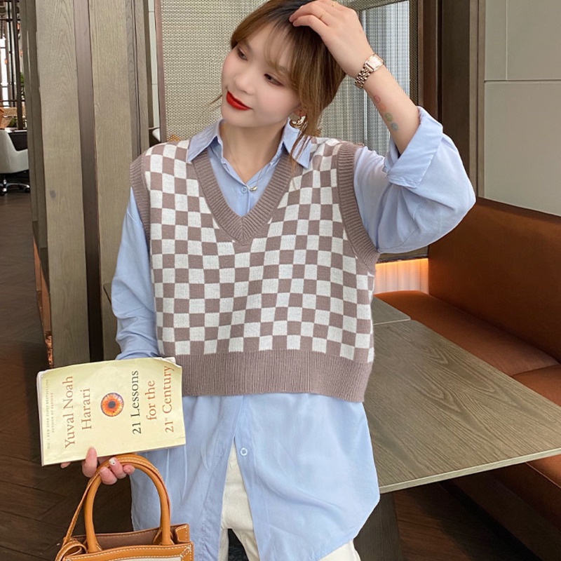 Áo croptop không tay phối sọc caro sành điệu