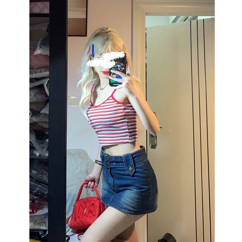 Áo 2 dây kẻ đỏ, áo 2 dây màu đỏ croptop