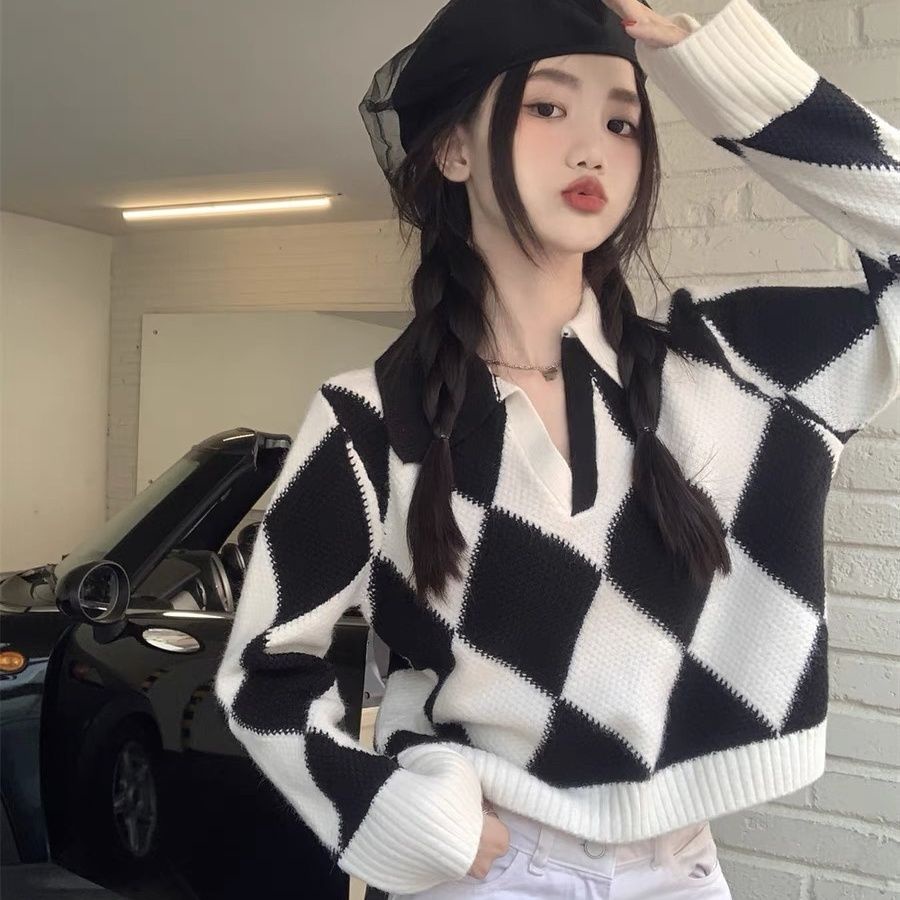 Áo Sweater Dệt Kim Tay Dài Dáng Rộng Màu Sắc Tương Phản Phong Cách Pháp Thời Trang 2022 Cho Nữ