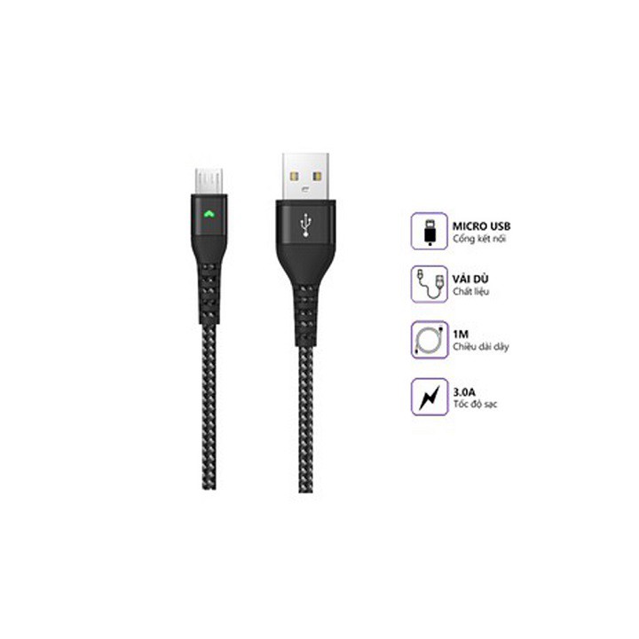 Cáp sạc nhanh LANEX LTC-N13M MicroUSB (Dây dù, 3.0A, Có Led 1m)
