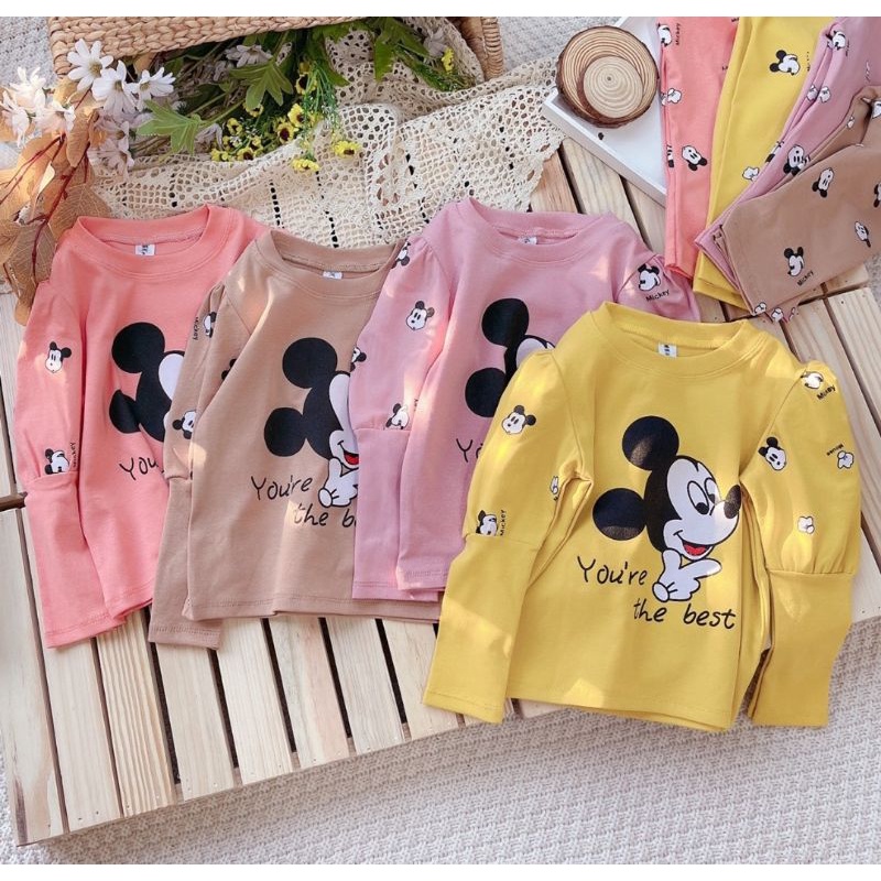 Bộ bé gái thu đông tay bồng chất cotton co dãn mịn đẹp in micky