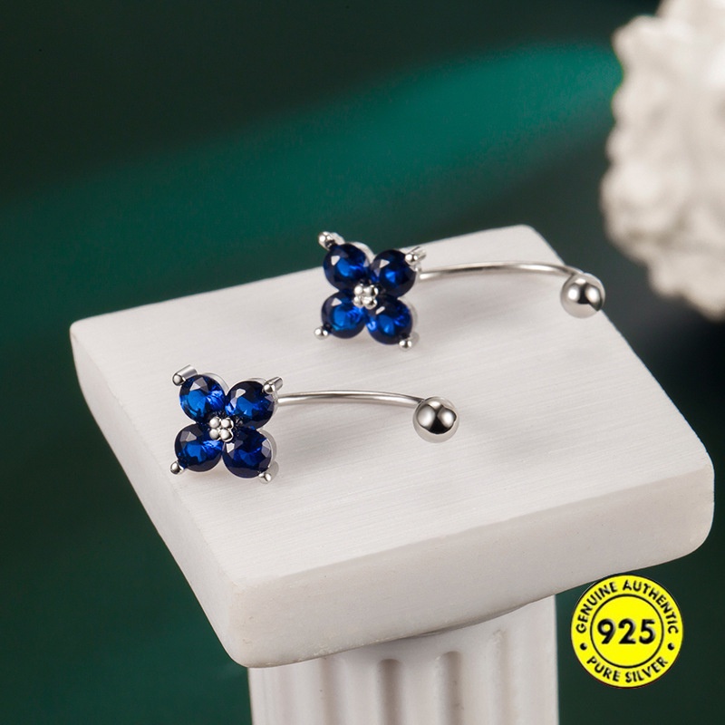 Bông Tai Hình Cỏ Bốn Lá Đính Đá Zircon Màu Xanh Dương AAA Chữ U Cho Nữ