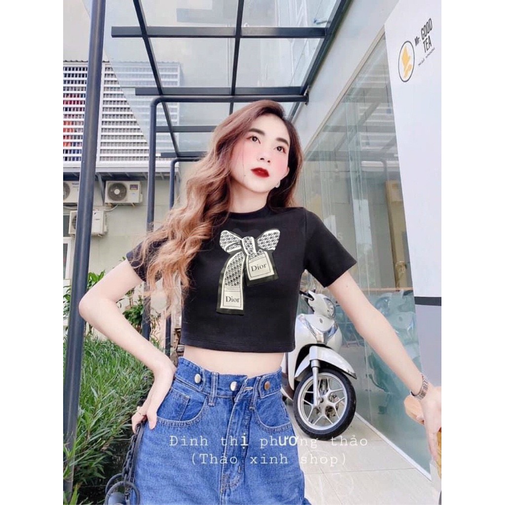 áo kiểu thun lụa in hình nơ xinh croptop mềm hot hit ảnh thật xinh chất đẹp ảnh thật