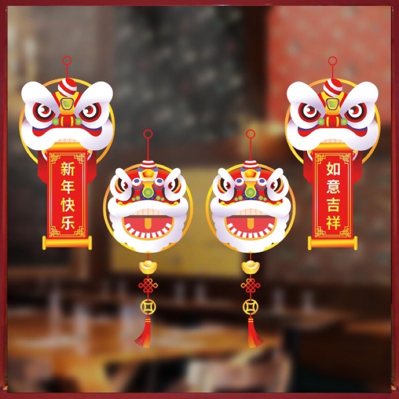 Decal Tết Hít Tĩnh Điện không dơ kính - 4 Đầu Lân chào Xuân