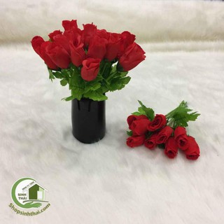 Cành hoa hồng giả - hoa vải lụa màu đỏ