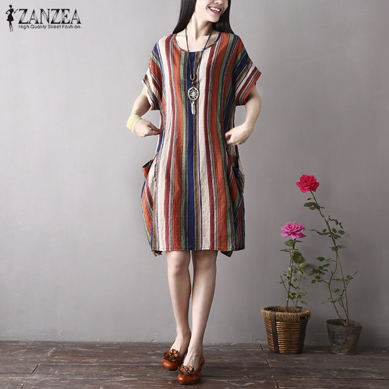 Đầm midi ZANZEA dáng rộng họa tiết kẻ sọc nhiều màu sắc cho nữ | BigBuy360 - bigbuy360.vn
