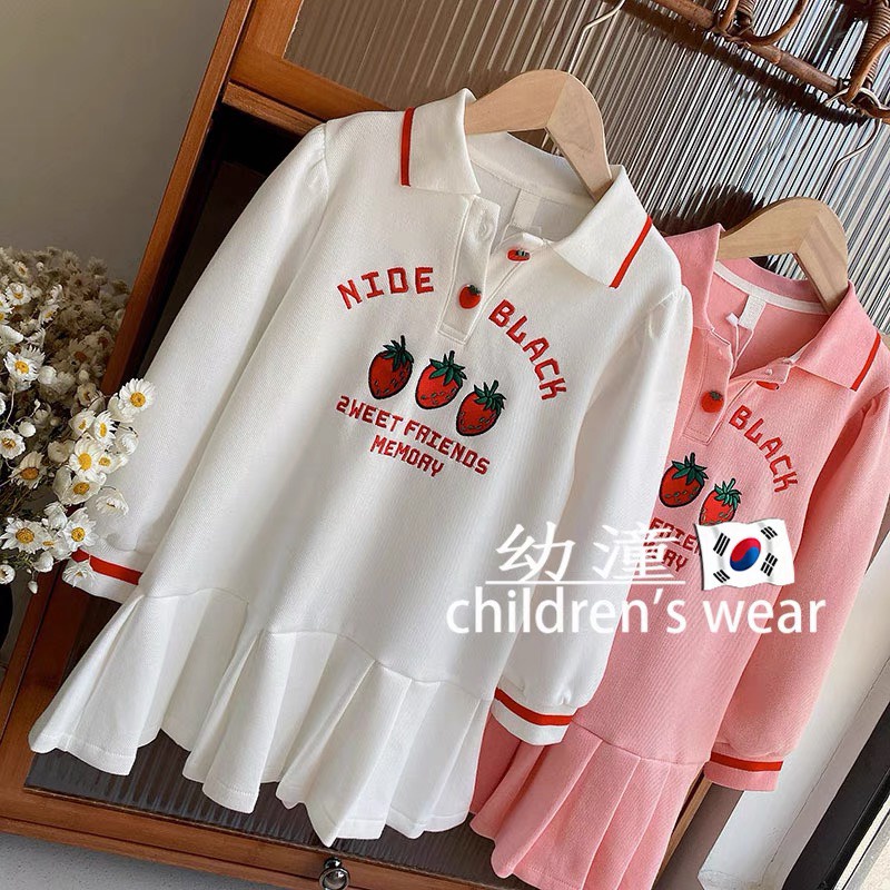 Váy xếp ly xòe cho bé gái, váy polo dài tay chất vải cá sấu họa tiết 3 quả dâu xịn xò cho bé