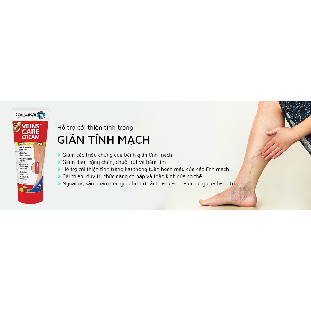 Caruso Úc - Kem bôi giúp giảm suy giản tĩnh mạch phù nề tê chân chuột rút Caruso's Veins Care Cream Úc 75g - chemisthous