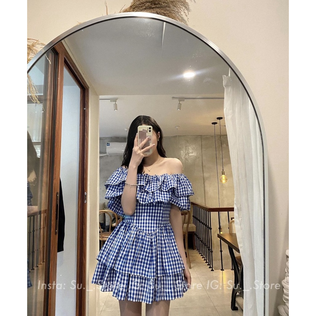 Váy/Đầm trễ vai sọc caro phong cách tiểu thư LOVI