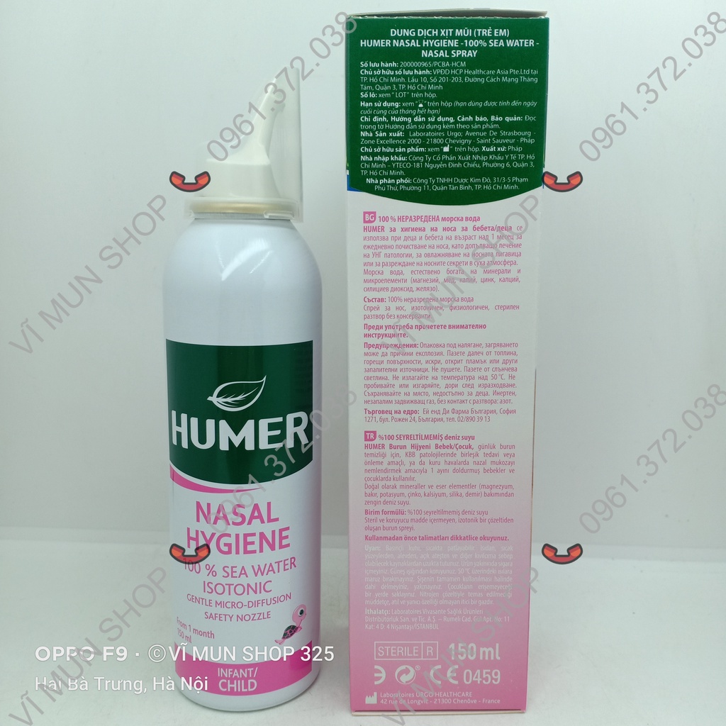 Dung dịch xịt mũi Humer 150 Nasal Hygiene 100% nước biển chai 150ml