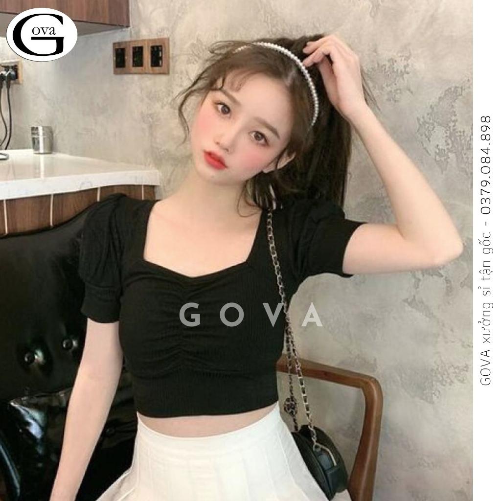 Áo Croptop Tay Phồng Ngắn Cổ Vuông Nhún Ngực Siêu Xinh Satiny DB63