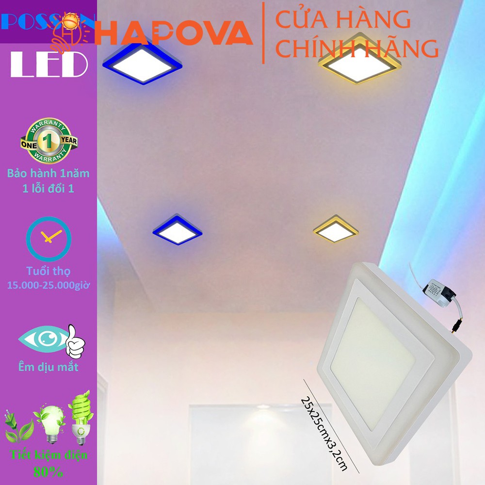 Đèn Led ốp trần 24w ( 18w +6w) vuông nổi 2 màu 3 chế độ sáng trắng HAPOVA OT 2021